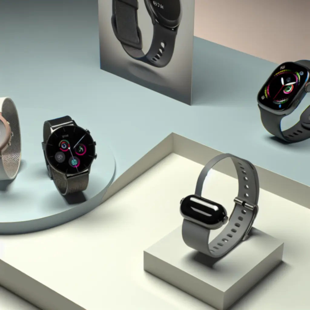 Zestaw nowoczesnych wearables prezentowanych na minimalistycznym tle